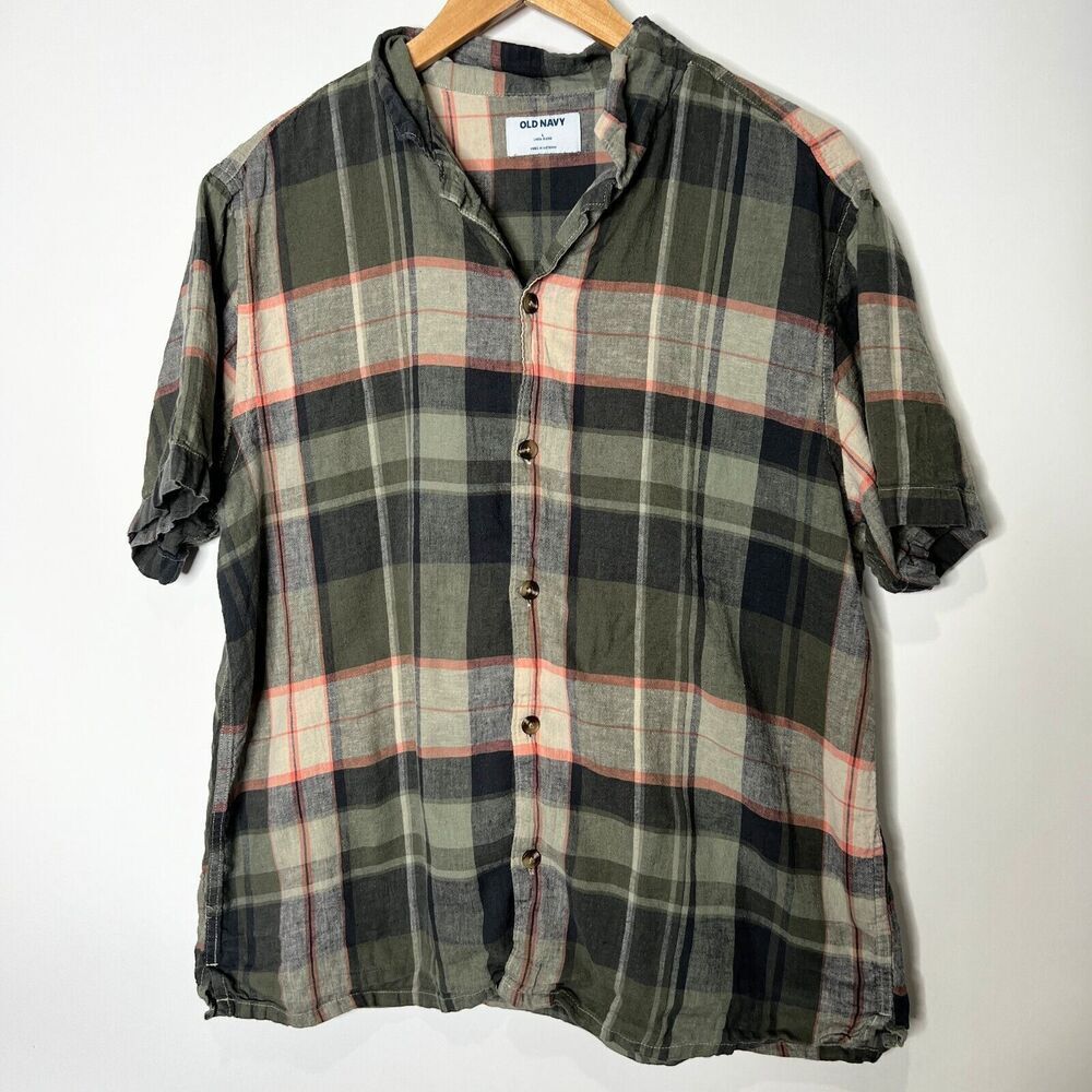 Old Navy Linen Blend Button Up Plaid Short Sleeve Shirt Green Men Size L